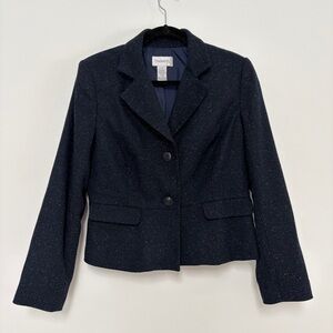 Chadwicks Women's Wool Silk Blend Herringbone Texture Speckles Blazer 12 Navy